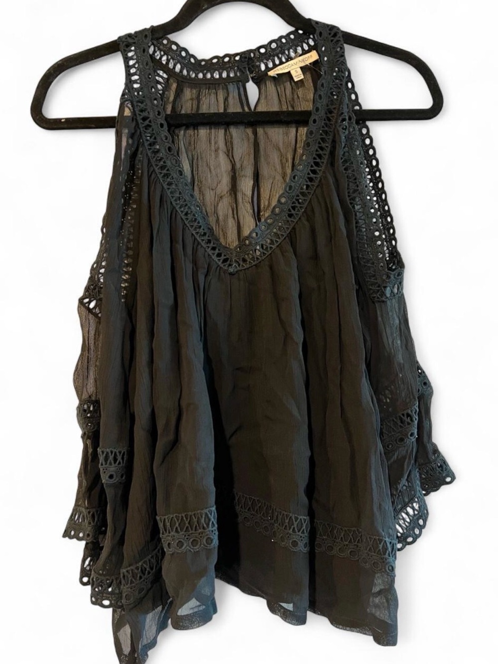 Rebecca Minkoff Black Lace Cold Shoulder Silk Cupro Blouse Size S